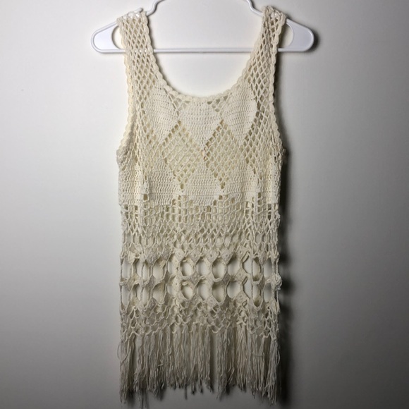 Crochet tank top boho hippie cream fringe - Picture 1 of 5